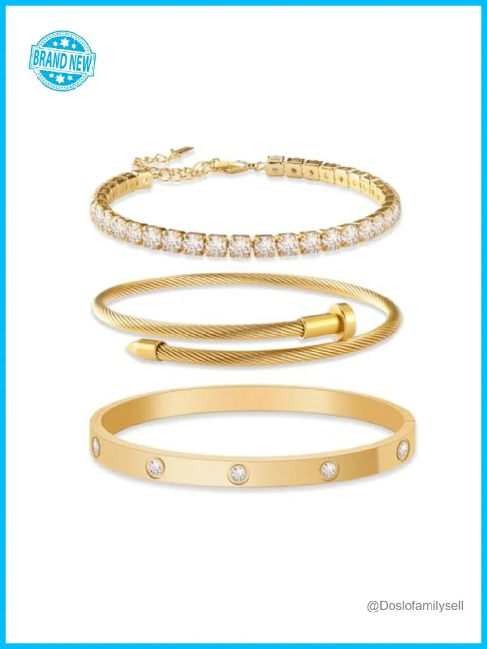 3Pack 18K Gold Plated Bangle Bracelet Stack Set Non Tarnish Stainless Steel